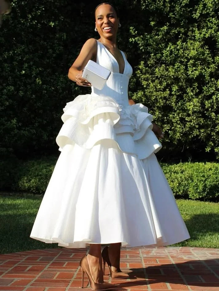 Chic Fitted Deep V-neck Sleeveless Tiered Midi Prom Dress