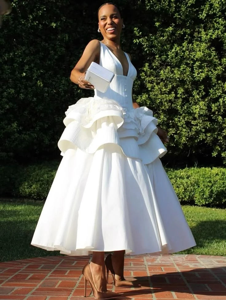 Chic Fitted Deep V-neck Sleeveless Tiered Midi Prom Dress