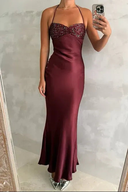 Chic Halter-Neck Sequin-Bodice Burgundy Mermaid Prom Dress