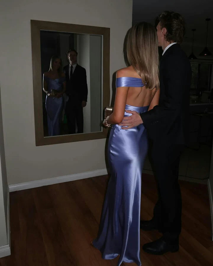Chic Off-the-Shoulder Lavender Satin Mermaid Prom Dress