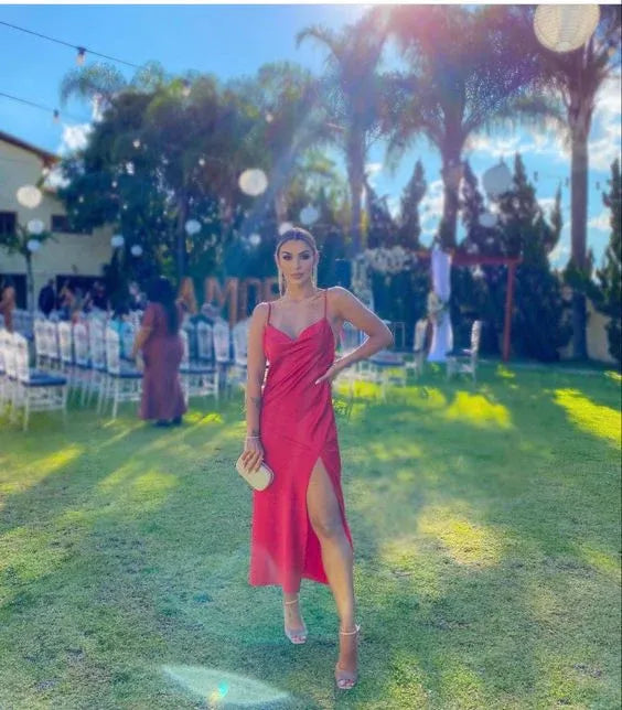 Chic Spaghetti‑Strap Red Satin Midi Slit Formal Dress