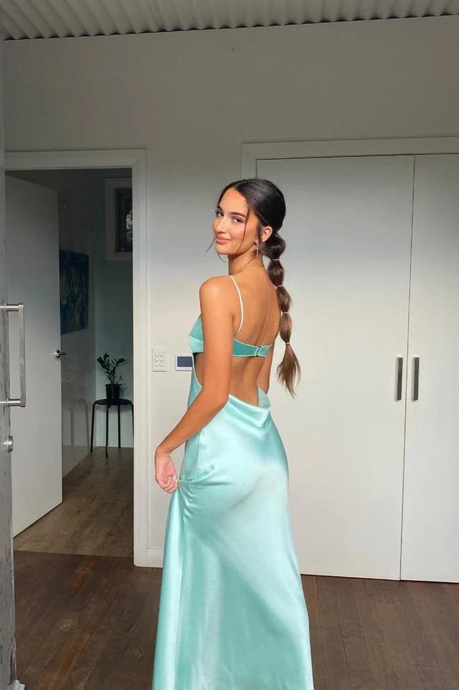Chic Spaghetti-Strap Side-Cutout Mint Green Satin Prom Dress