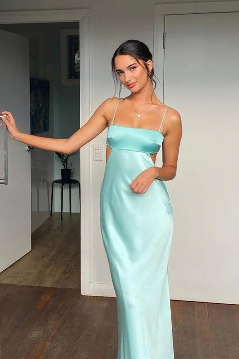 Chic Spaghetti-Strap Side-Cutout Mint Green Satin Prom Dress