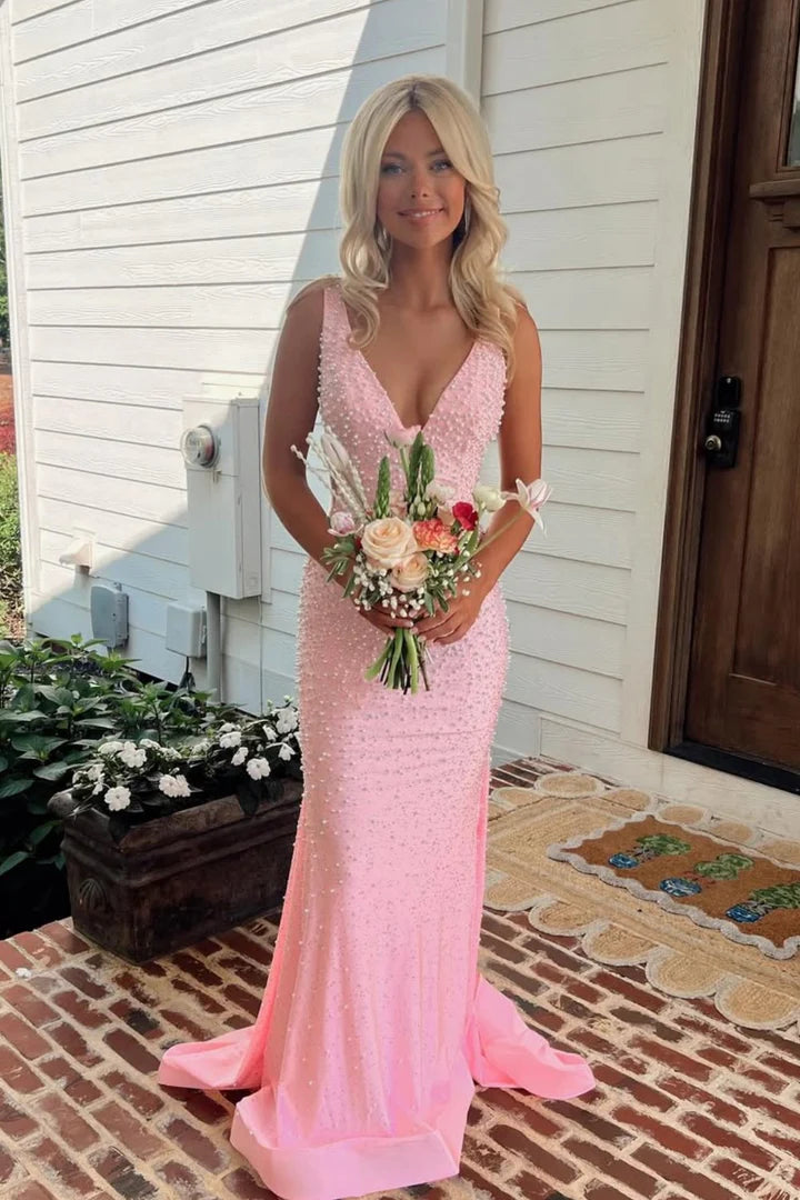 Chic V-Neck Beaded Pink Mermaid Prom Dress