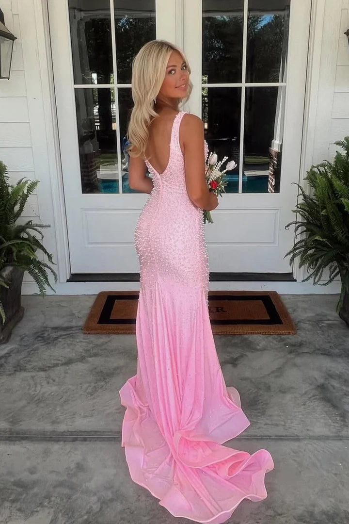 Chic V-Neck Beaded Pink Mermaid Prom Dress