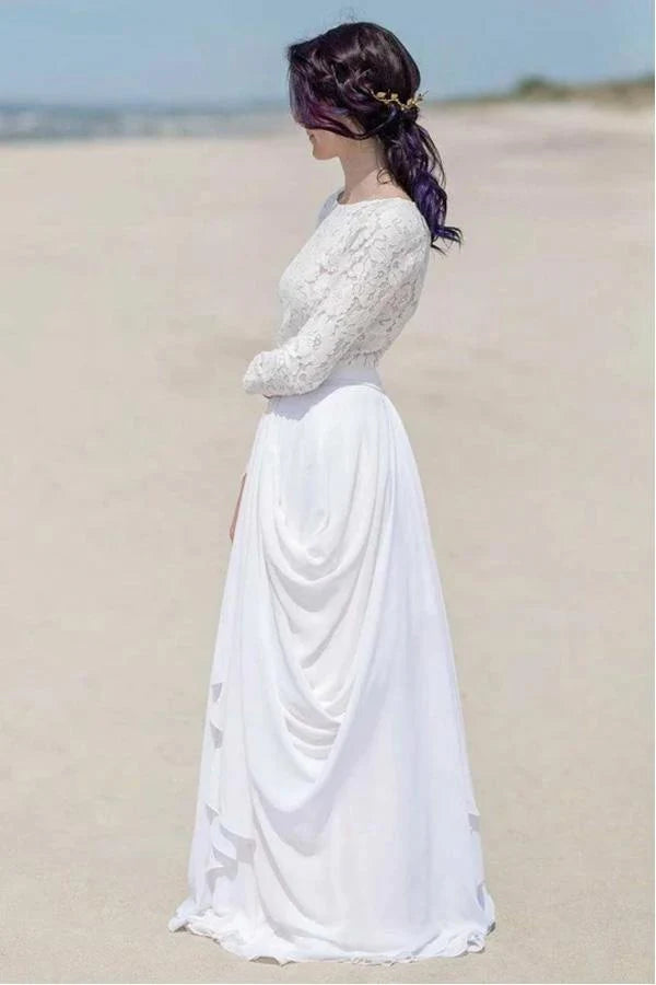 Wholesa Beach Lace Long Sleeve Zipper Chiffon White Bridal Dress Wedding Dresses