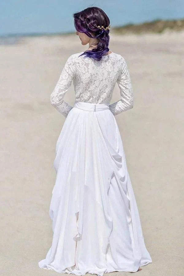 Wholesa Beach Lace Long Sleeve Zipper Chiffon White Bridal Dress Wedding Dresses