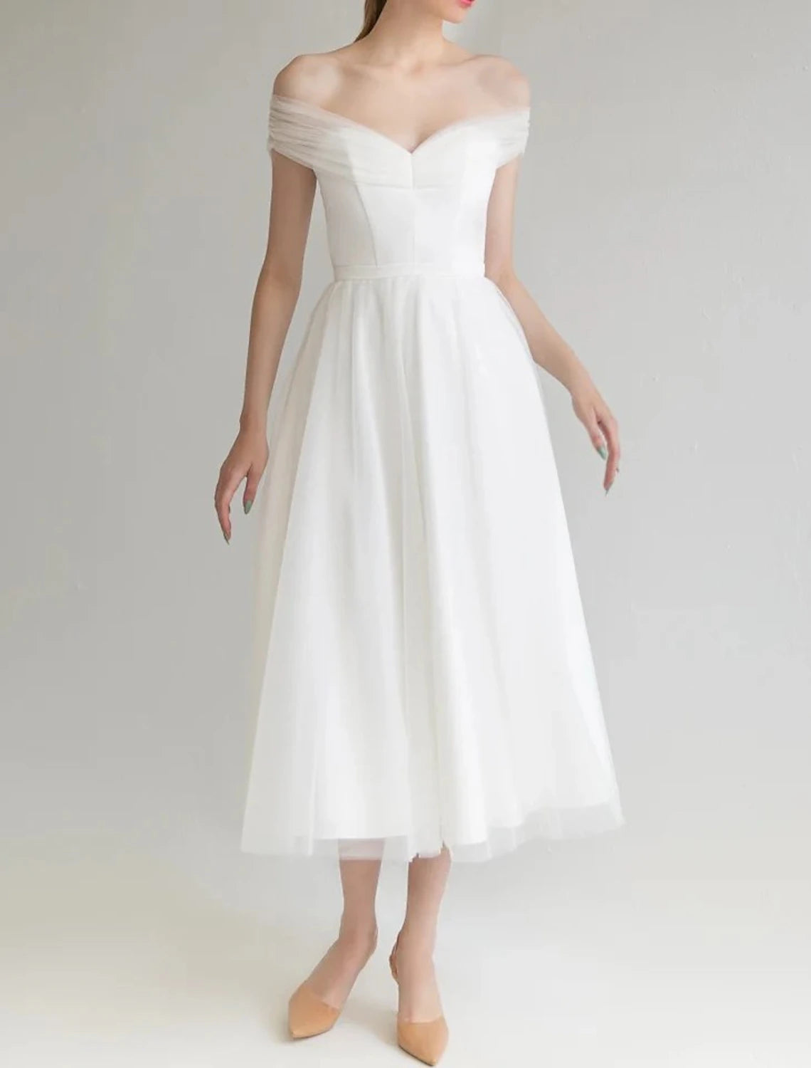 Wholesa Bridal Shower Little White Dresses Wedding Dresses A-Line Off Shoulder Sleeveless Tea Length Satin Bridal Gowns With Solid Color
