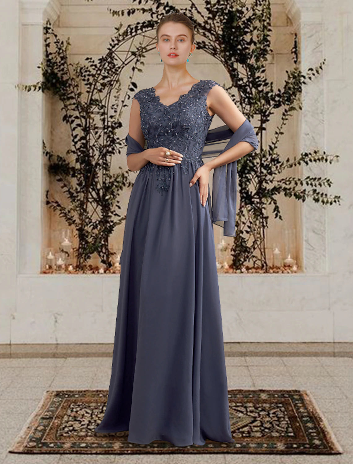 wholesale  A-Line Mother of the Bride Dress Elegant V Neck Floor Length Chiffon Lace Sleeveless Shawls with Pleats Sequin Crystal Brooch