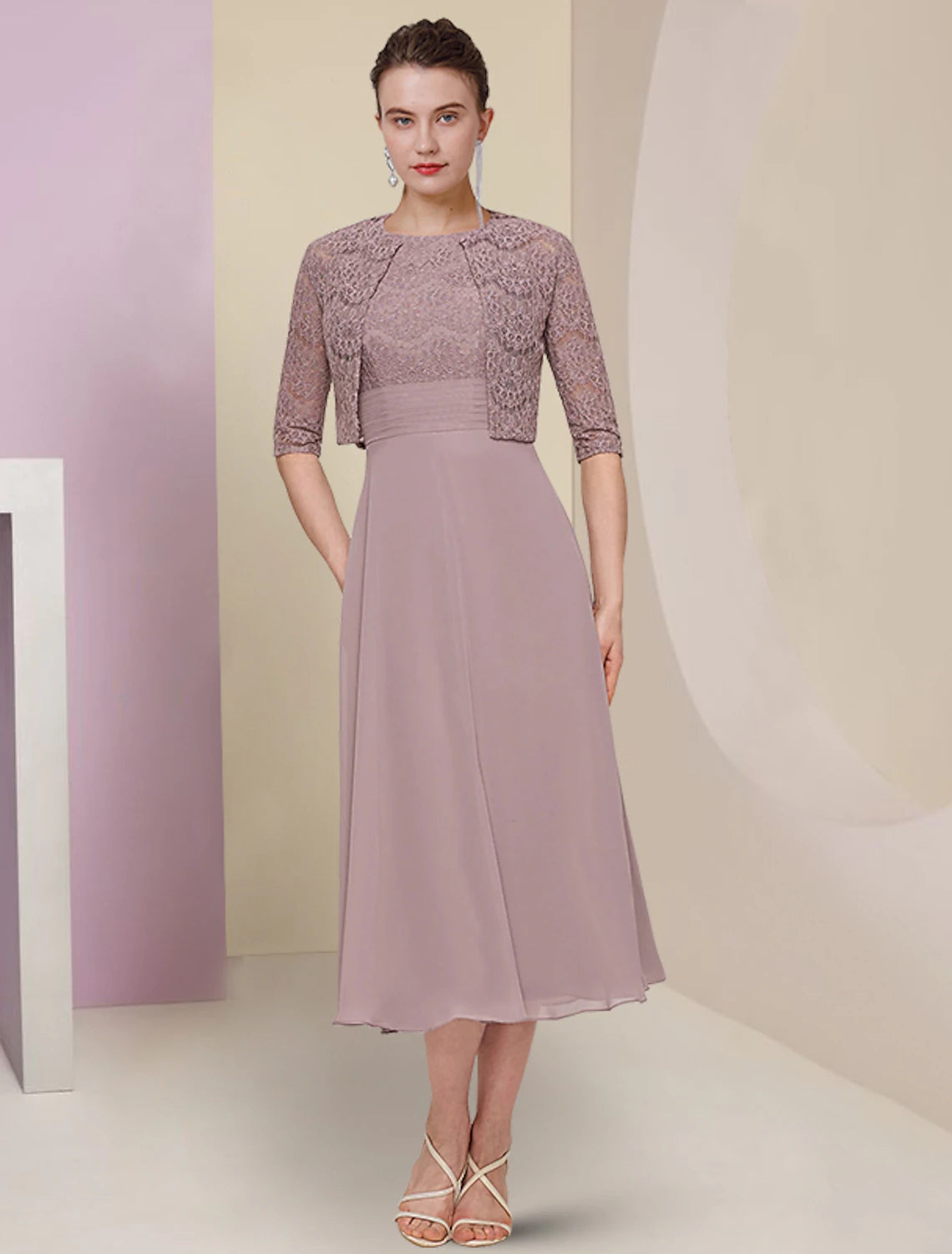 wholesale  Two Piece Mother of the Bride Dress Wedding Guest Church Elegant Jewel Neck Tea Length Chiffon Lace Half Sleeve with Solid Color
