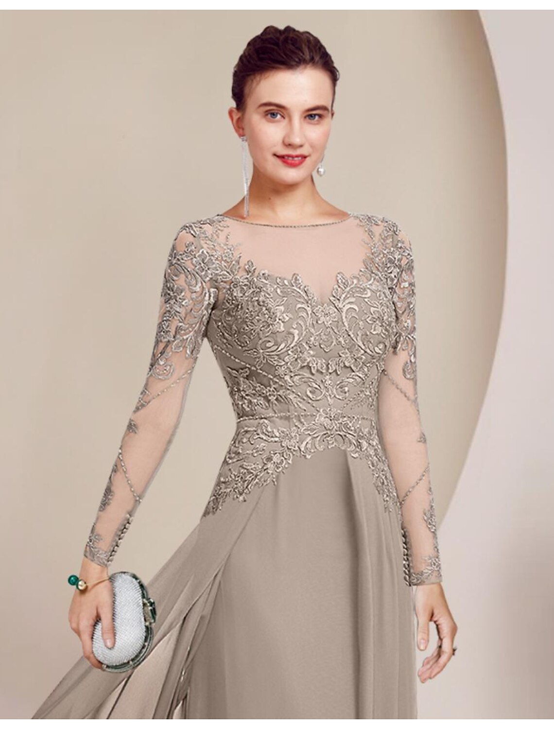Wholesa  Sheath / Column Mother of the Bride Dress Formal Wedding Guest Elegant Scoop Neck Floor Length Chiffon Lace Long Sleeve with Beading Appliques