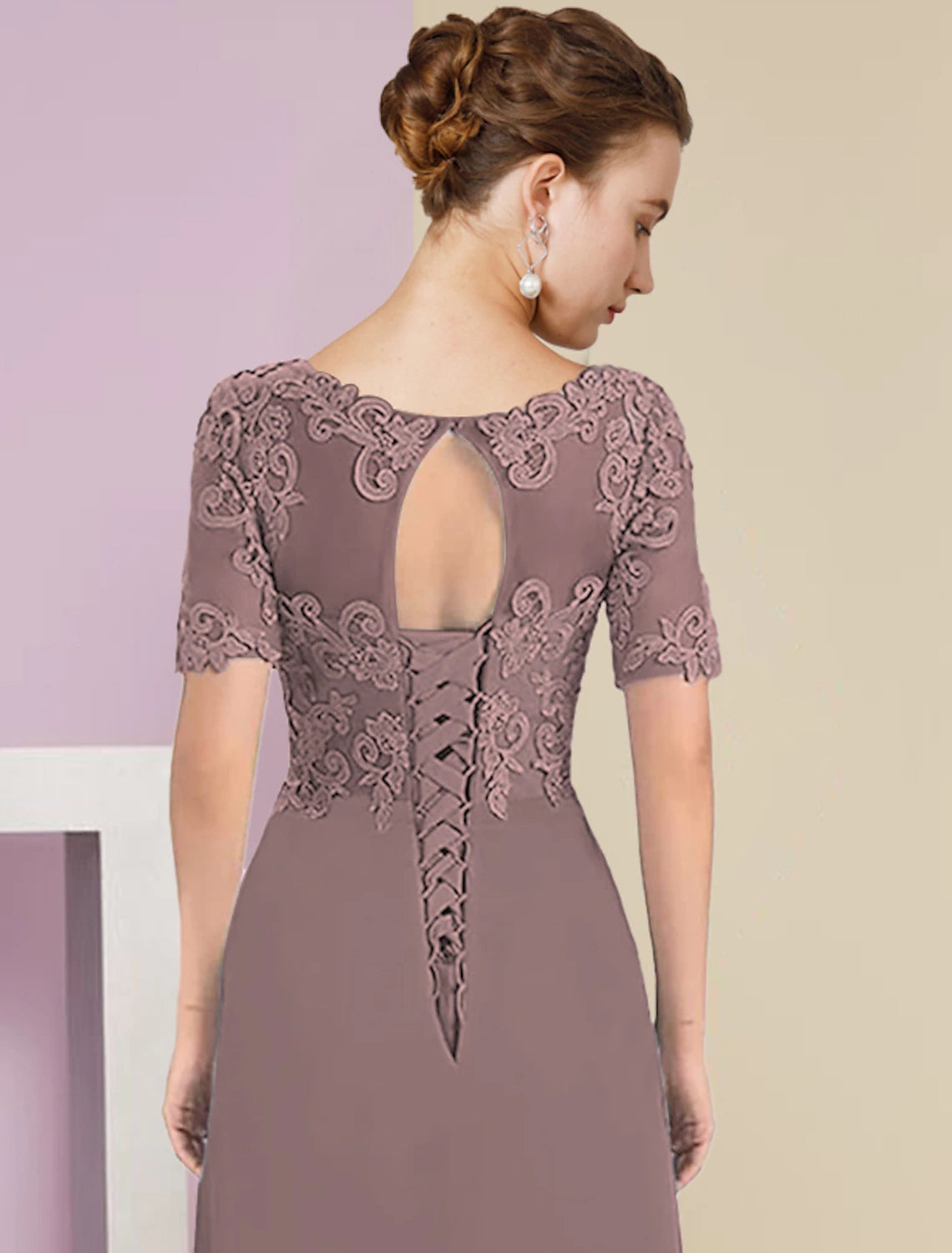 wholesale  Two Piece A-Line Mother of the Bride Dress Formal Fall Wedding Guest Elegant High Low V Neck Asymmetrical Tea Length Chiffon Lace Short Sleeve 3/4 Length Sleeve Wrap Included with Appliques