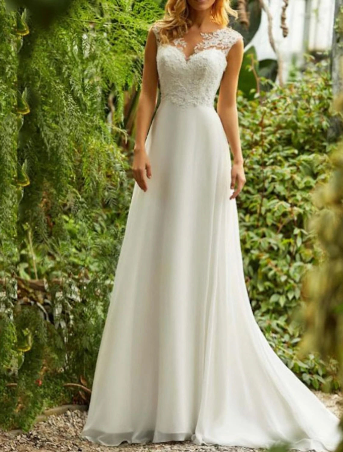 Wholesa  Beach Open Back Boho Wedding Dresses A-Line Illusion Neck Cap Sleeve Sweep / Brush Train Chiffon Bridal Gowns With Lace Insert