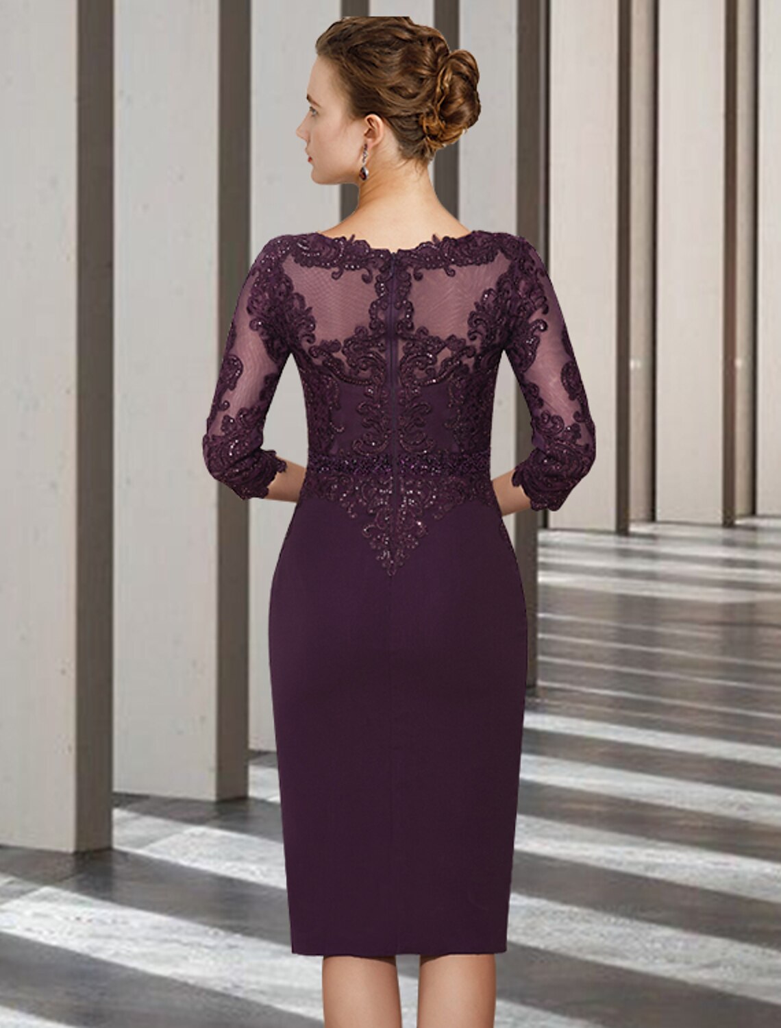 wholesale  Two Piece A-Line Mother of the Bride Dress Church Elegant Jewel Neck Knee Length Chiffon Lace 3/4 Length Sleeve Jacket Dresses with Beading Appliques
