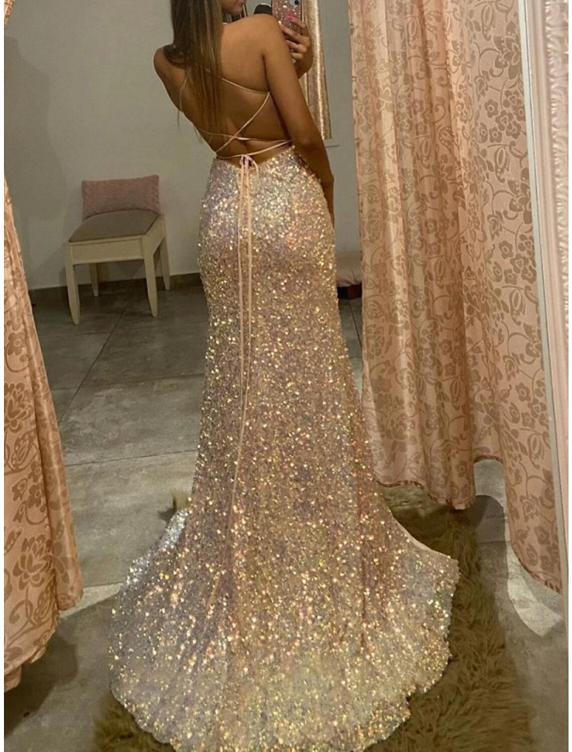 Wholesa Sheath / Column Prom Dresses Corsets Dress Wedding Party Sweep / Brush Train Sleeveless Spaghetti Strap Sequined Backless with Glitter Slit