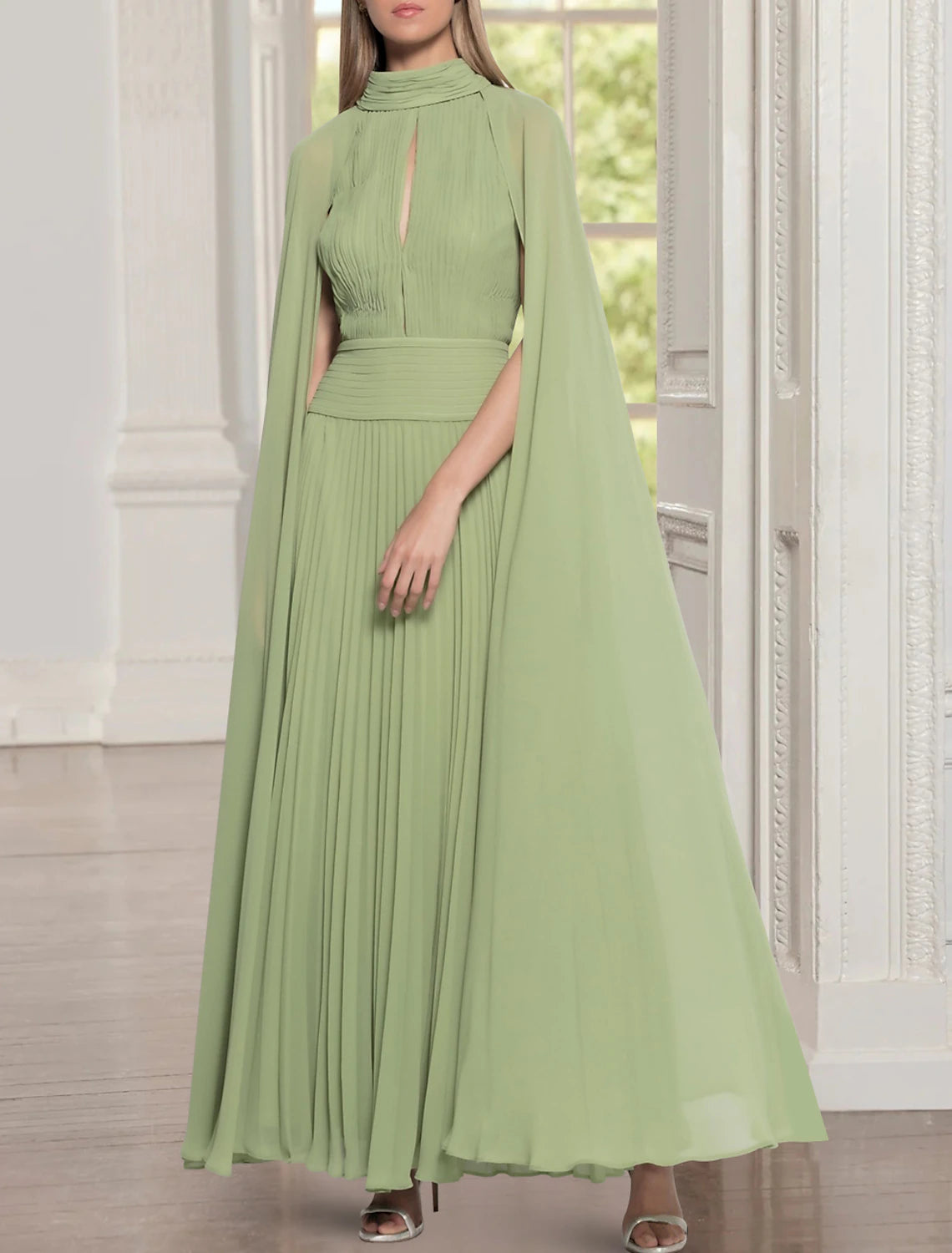 Wholesa Two Piece A-Line Mother of the Bride Dress Formal Wedding Guest Elegant Jewel Neck Ankle Length Chiffon Sleeveless with Ruching Solid Color