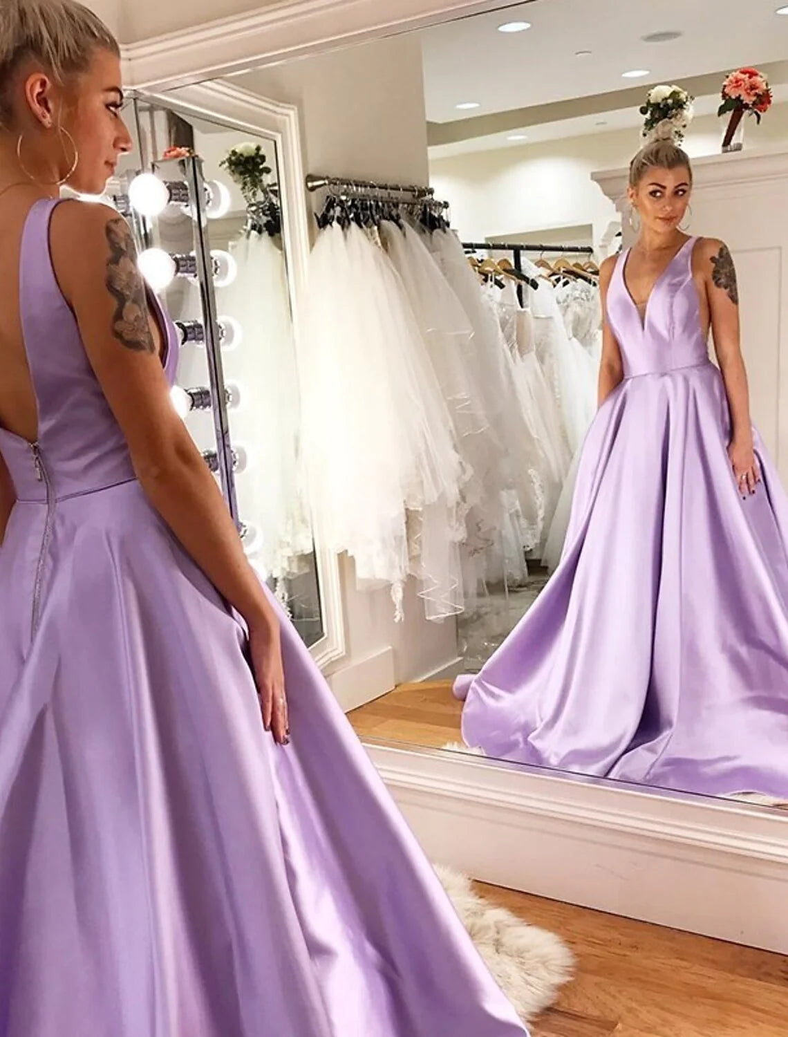 Wholesa A-Line Prom Dresses Princess Dress Formal Floor Length Sleeveless V Neck Satin Backless with Pleats