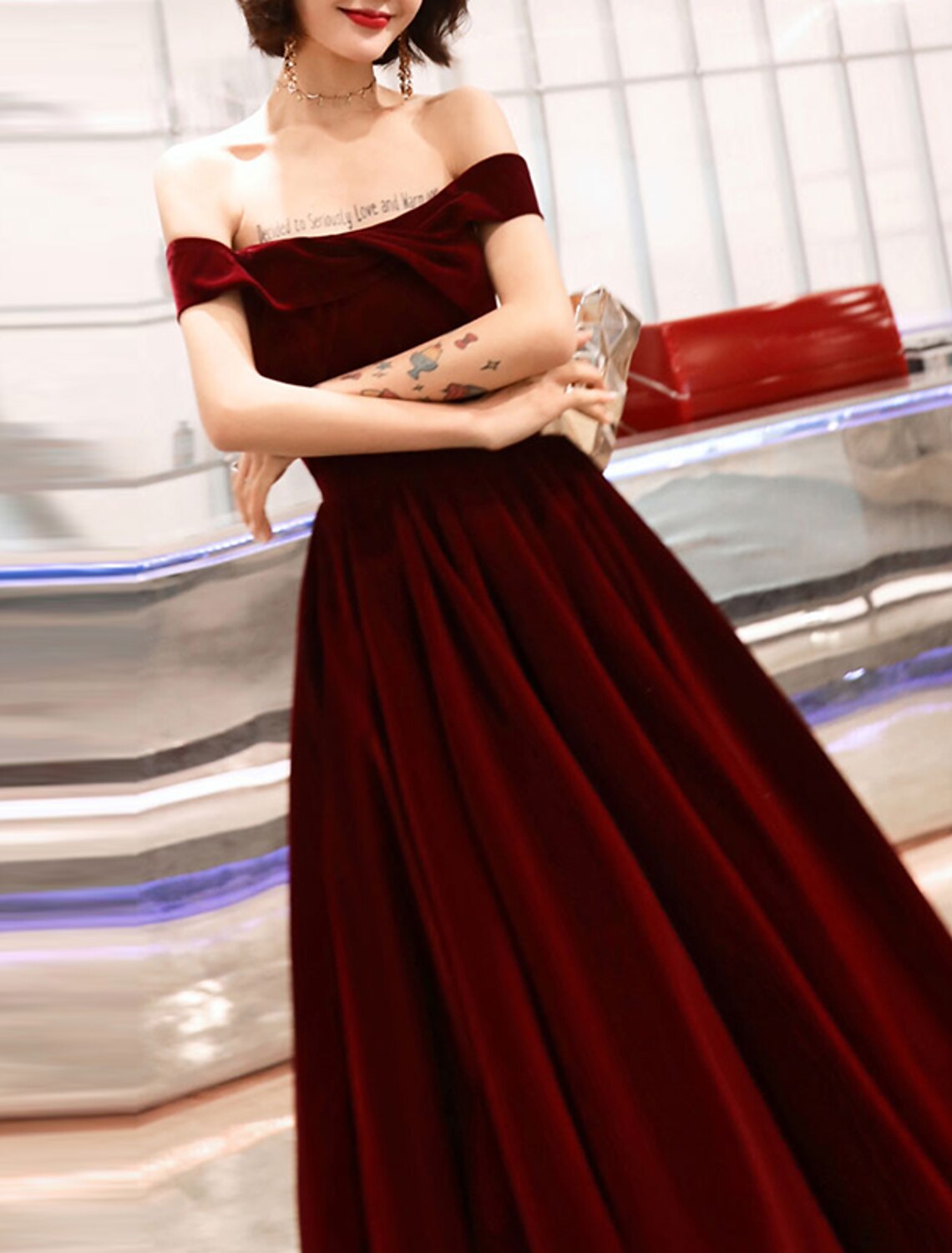 wholesale  A-Line Evening Gown Elegant Dress Wedding Guest Formal Evening Ankle Length Short Sleeve Off Shoulder Velvet with Sleek