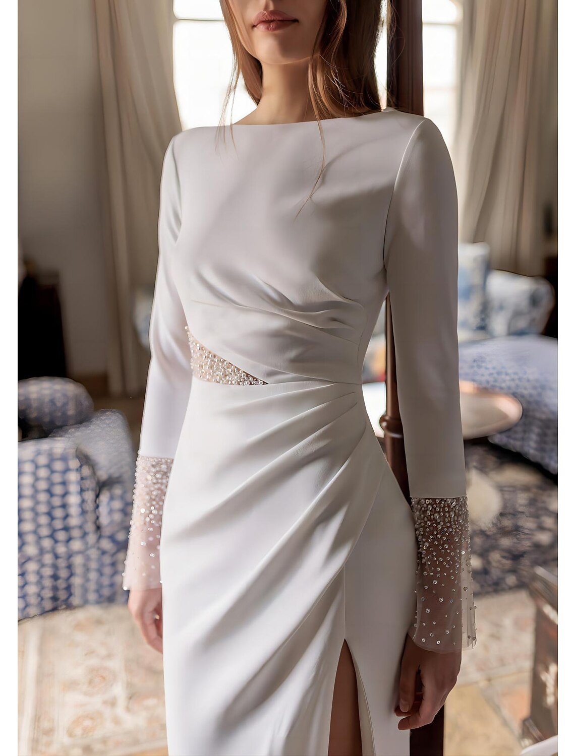 Wholesa Beach Formal Wedding Dresses A-Line Boat Neck Long Sleeve Floor Length Chiffon Bridal Gowns With Ruched Beading