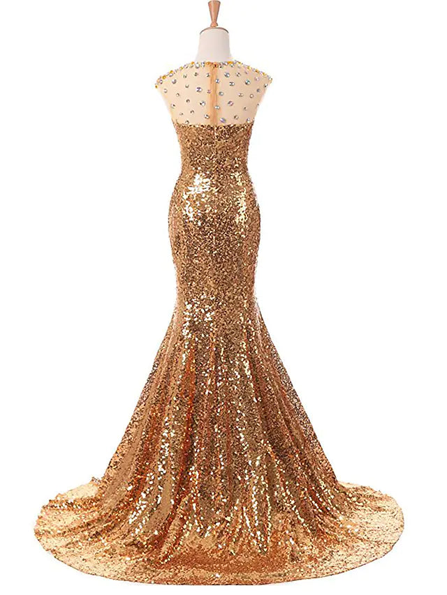 Wholesa Mermaid / Trumpet Prom Dresses Sparkle Dress Prom Court Train Sleeveless Jewel Neck Sequined with Beading