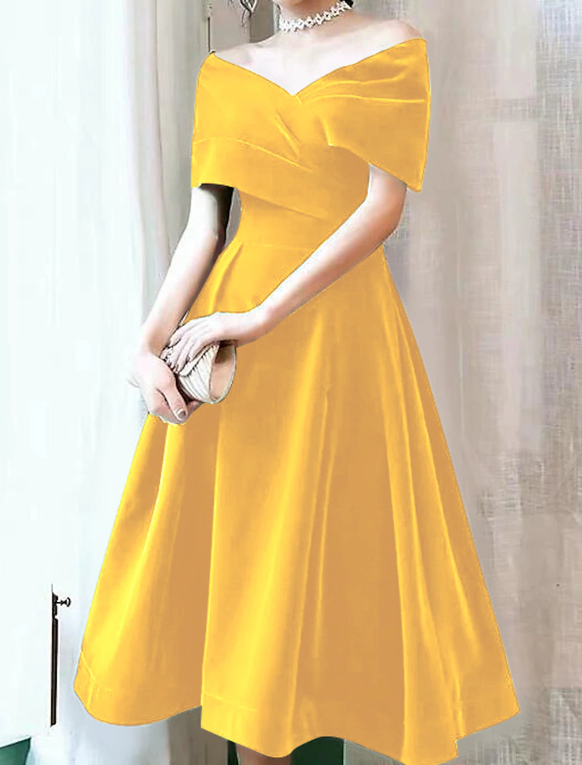 Wholesa A-Line Cocktail Black Dress 1950s Dress Fall Wedding Guest Dress Knee Length Short Sleeve Off Shoulder Velvet with Pleats Pure Color