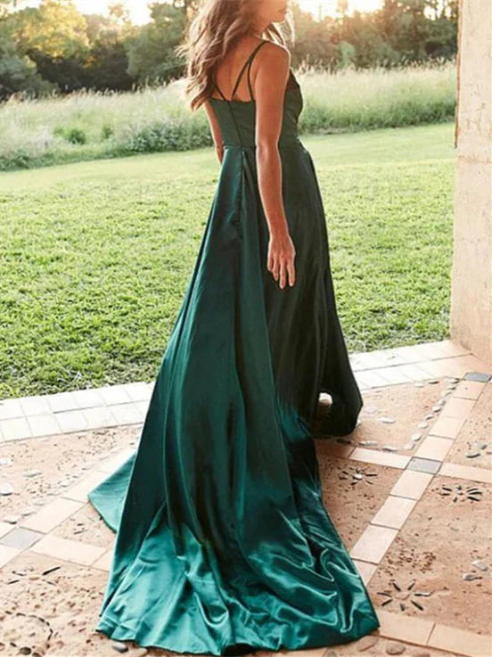 Wholesa A-Line Satin V-Neck Sweep Train Long Prom Dresses