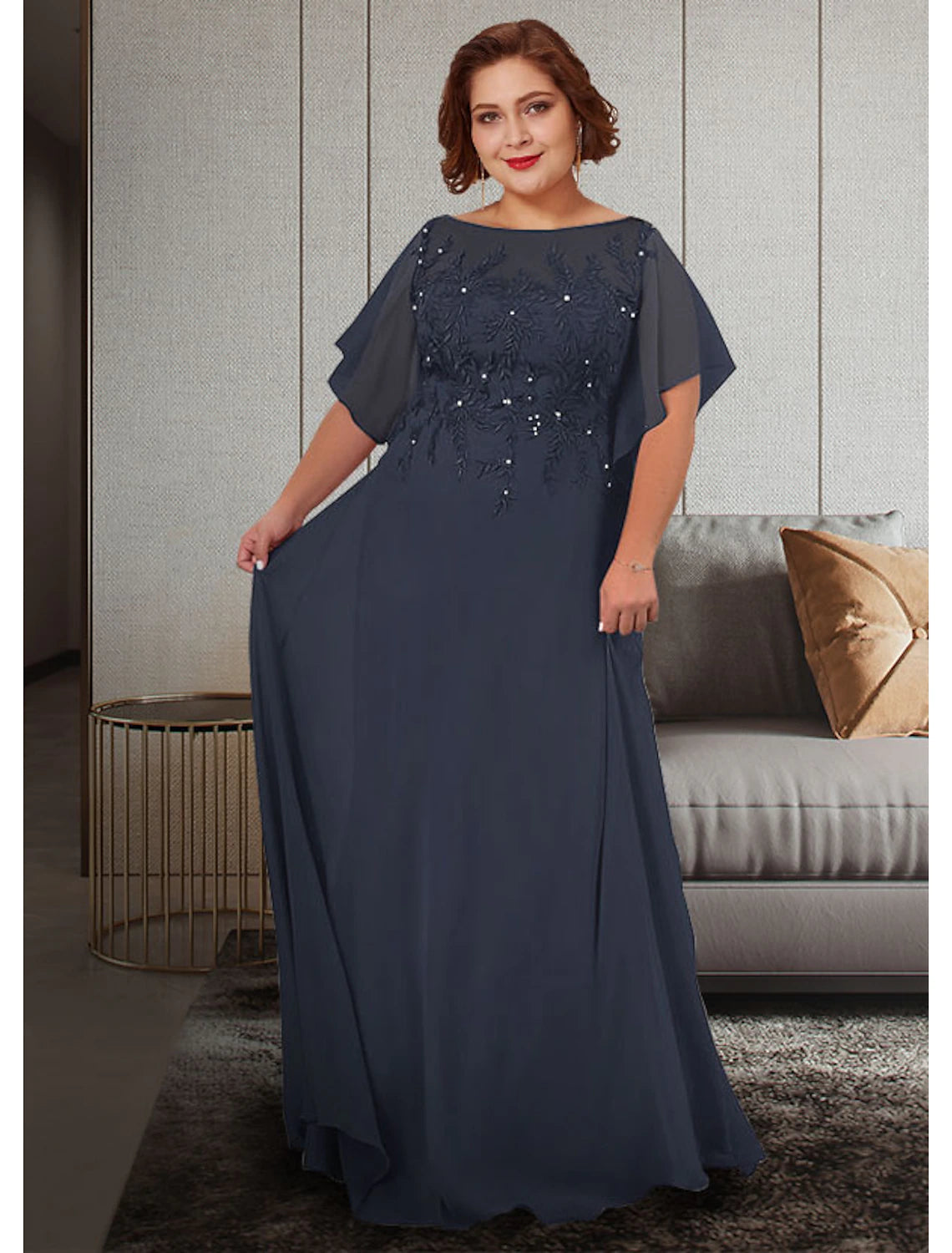 wholesale  A-Line Mother of the Bride Dress Plus Size Elegant Jewel Neck Floor Length Chiffon Lace Half Sleeve with Appliques