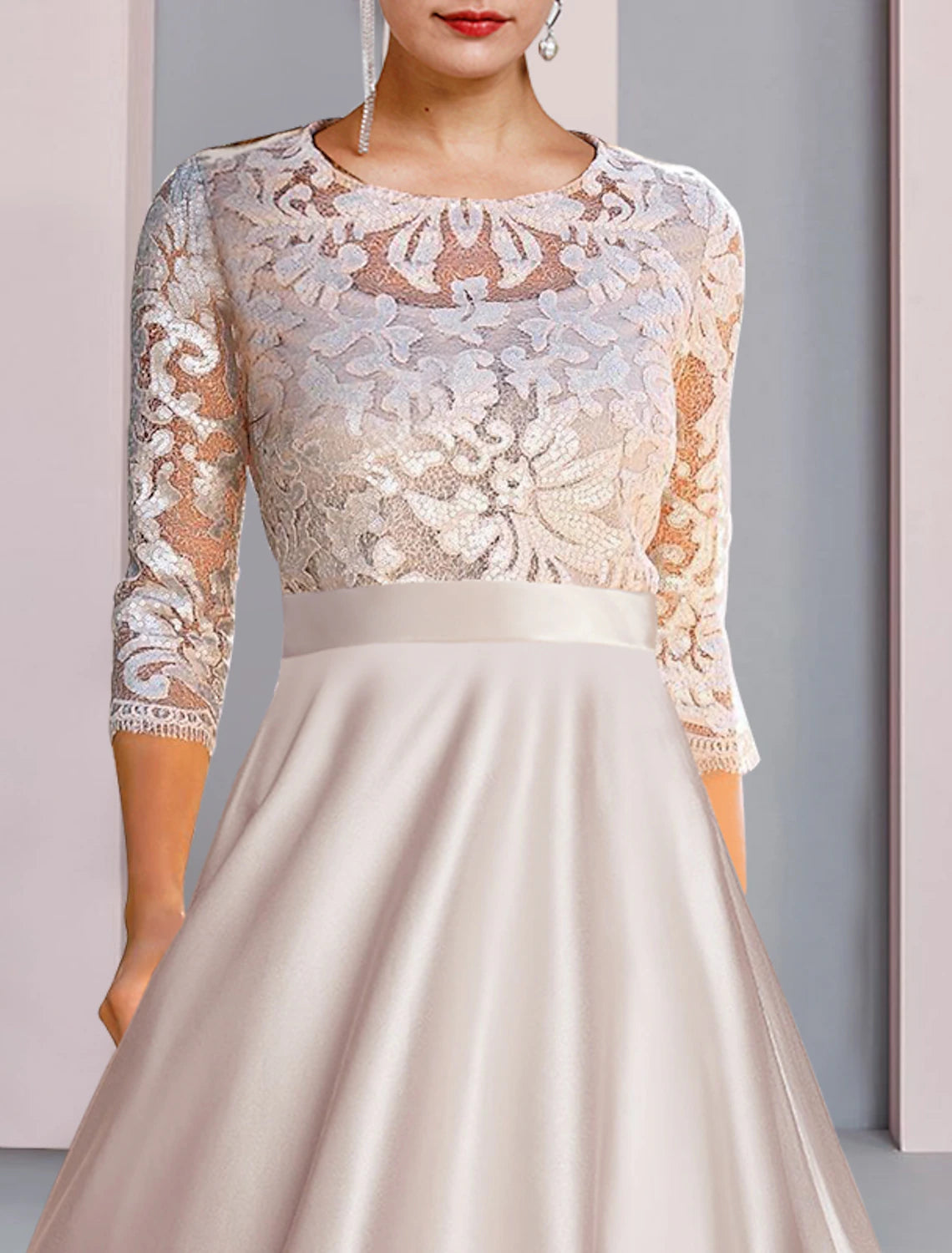 wholesale  A-Line Mother of the Bride Dress Wedding Guest Party Elegant Scoop Neck Tea Length Satin Lace 3/4 Length Sleeve with Appliques