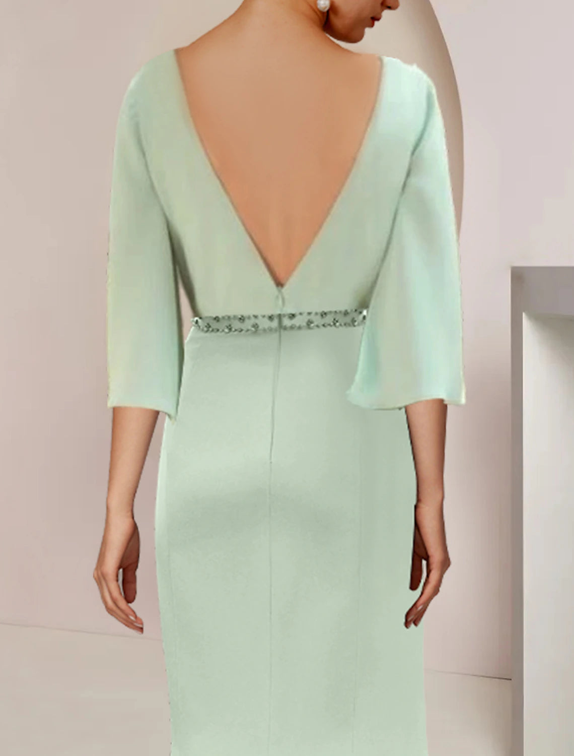 wholesale   Mermaid / Trumpet Mother of the Bride Dress Wedding Guest Party Elegant Scoop Neck Tea Length Stretch Chiffon 3/4 Length Sleeve with Beading