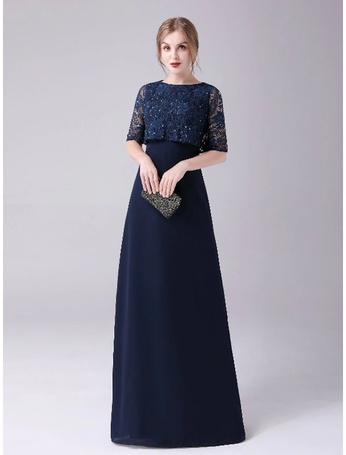 wholesale  A-Line Mother of the Bride Dress Elegant Sweet Jewel Neck Floor Length Chiffon Half Sleeve with Lace Crystals