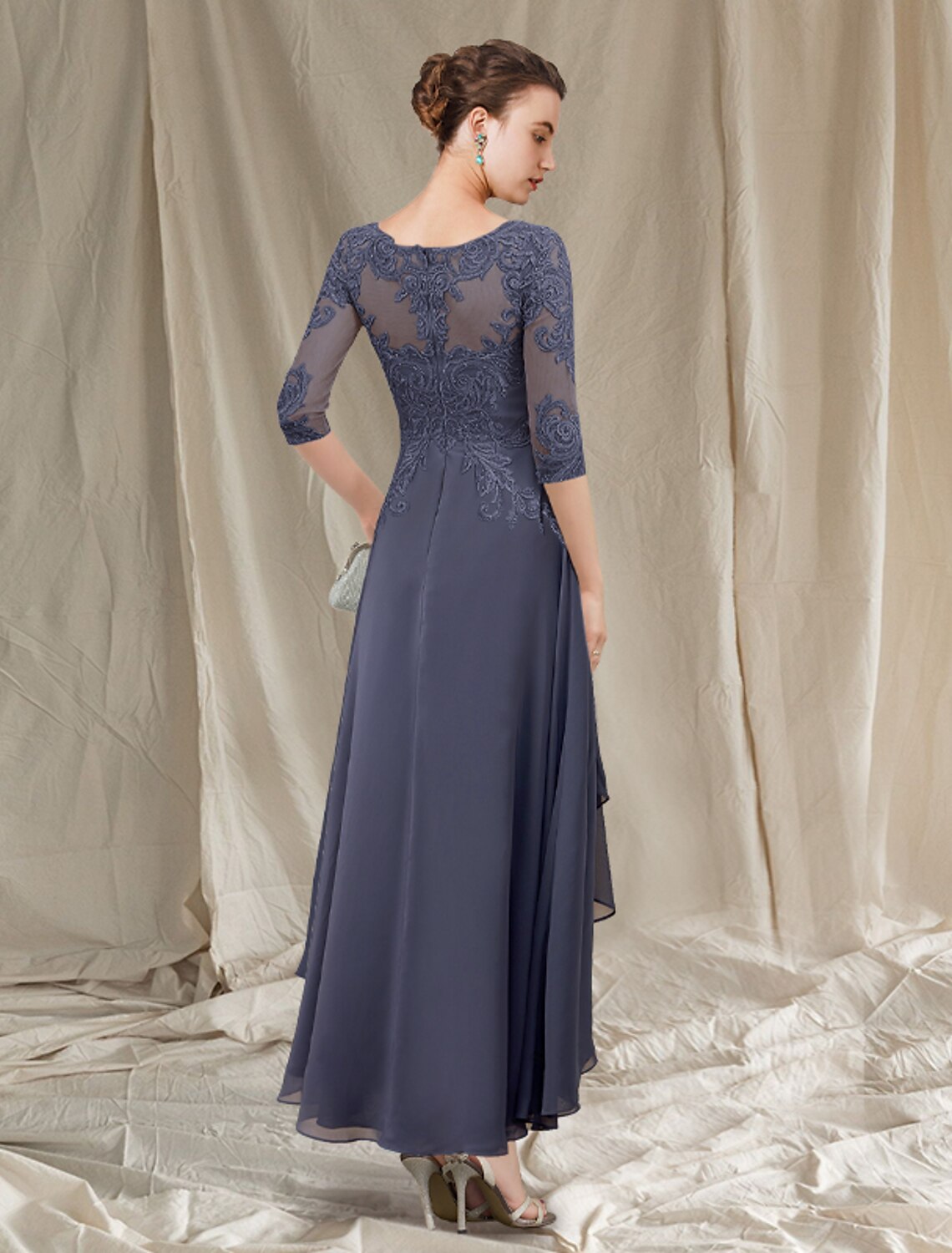 wholesale  A-Line Mother of the Bride Dress Elegant High Low Jewel Neck Asymmetrical Tea Length Chiffon Lace 3/4 Length Sleeve with Pleats Appliques