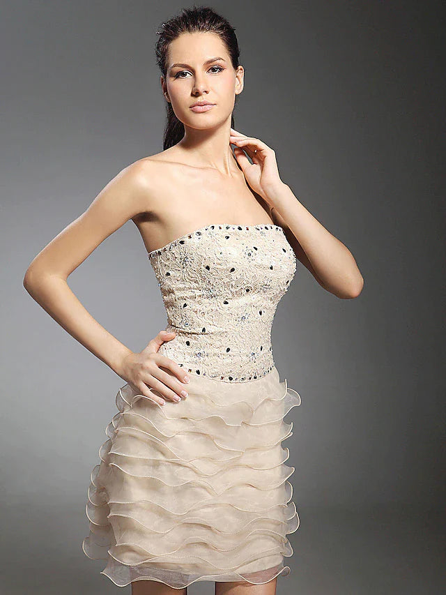 Wholesa Sheath / Column Dress Holiday Short / Mini Sleeveless Strapless Lace with Lace Beading