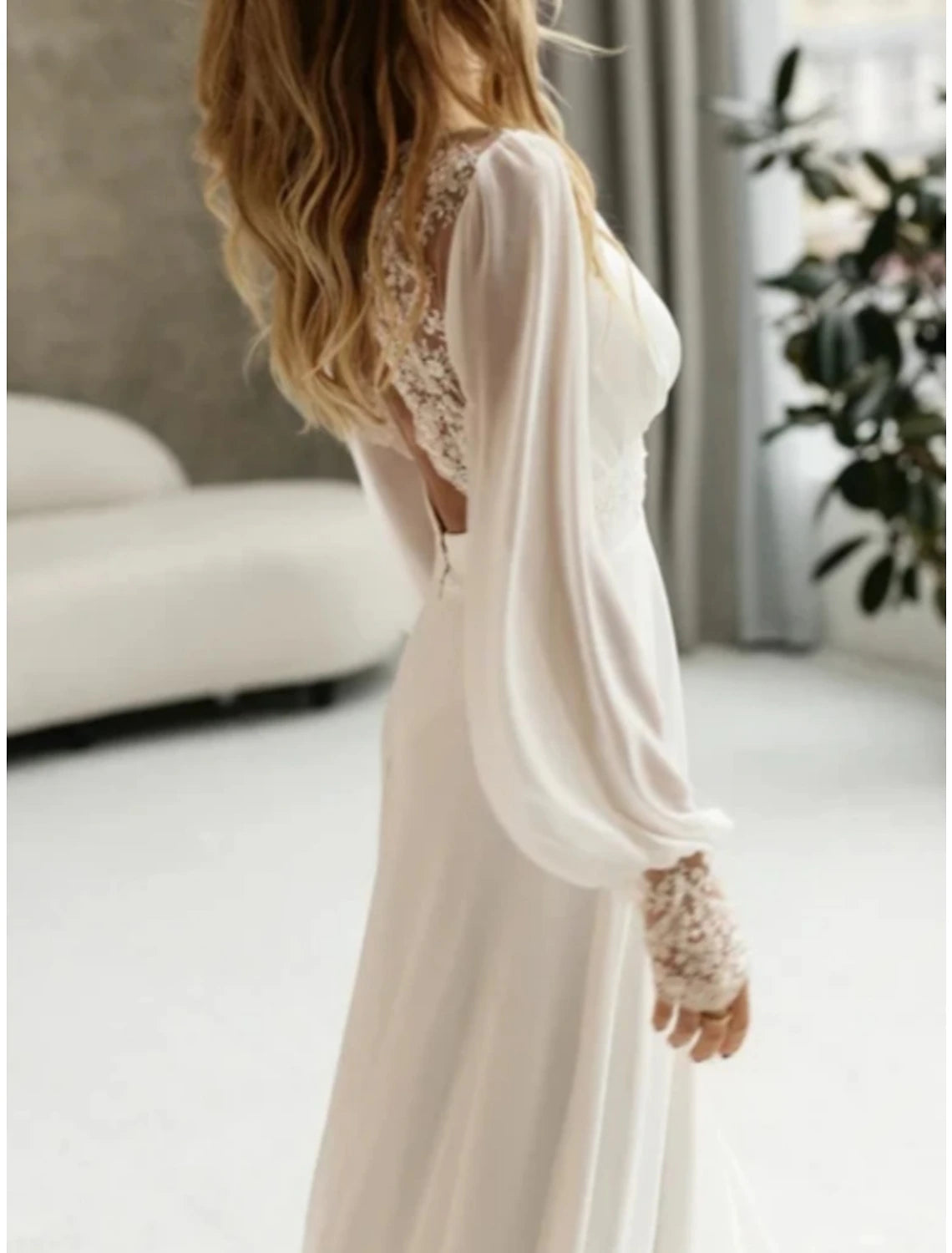 Wholesa Beach Simple Wedding Dresses Formal Wedding Dresses A-Line Illusion Neck Long Sleeve Floor Length Tulle Bridal Gowns With Ruched Beading