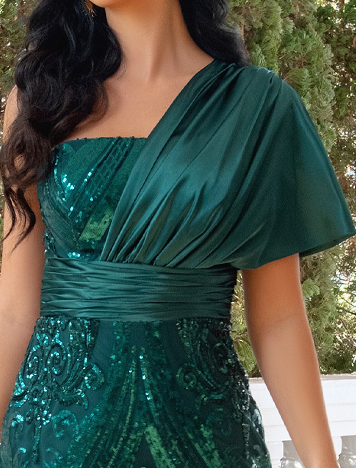 Wholesa Mermaid / Trumpet Evening Gown Luxurious Dress Wedding Party Sweep / Brush Train Short Sleeve One Shoulder Detachable Tulle with Sequin