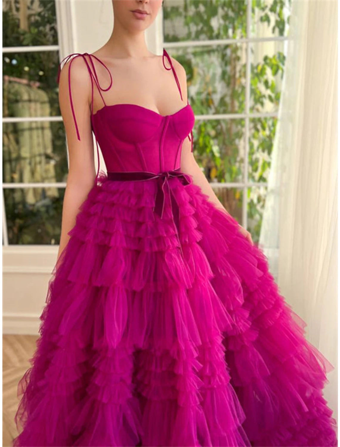 Wholesa  Ball Gown Evening Gown Puffy Dress Wedding Party Birthday Floor Length Sleeveless Spaghetti Strap Tulle with Ruffles Strappy