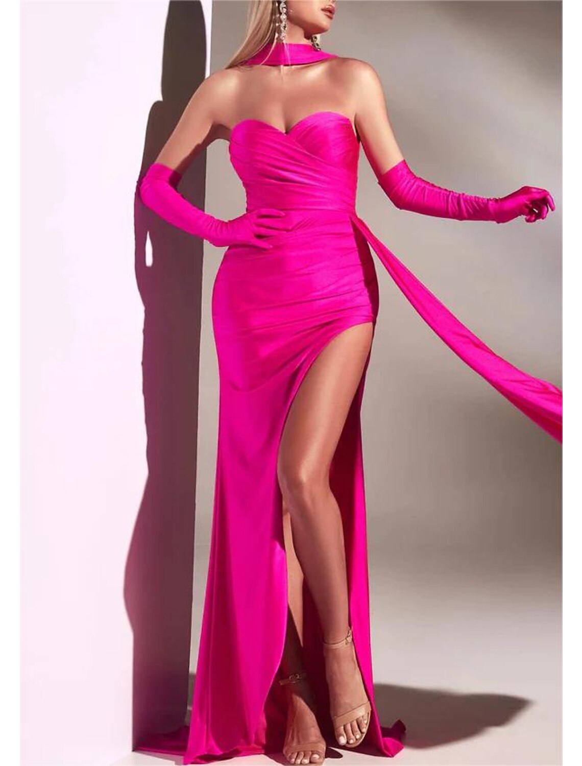 Wholesa Mermaid / Trumpet Evening Gown Party Dress Carnival Prom Court Train Sleeveless Strapless Convertible Stretch Satin with Ruched Slit include gloves