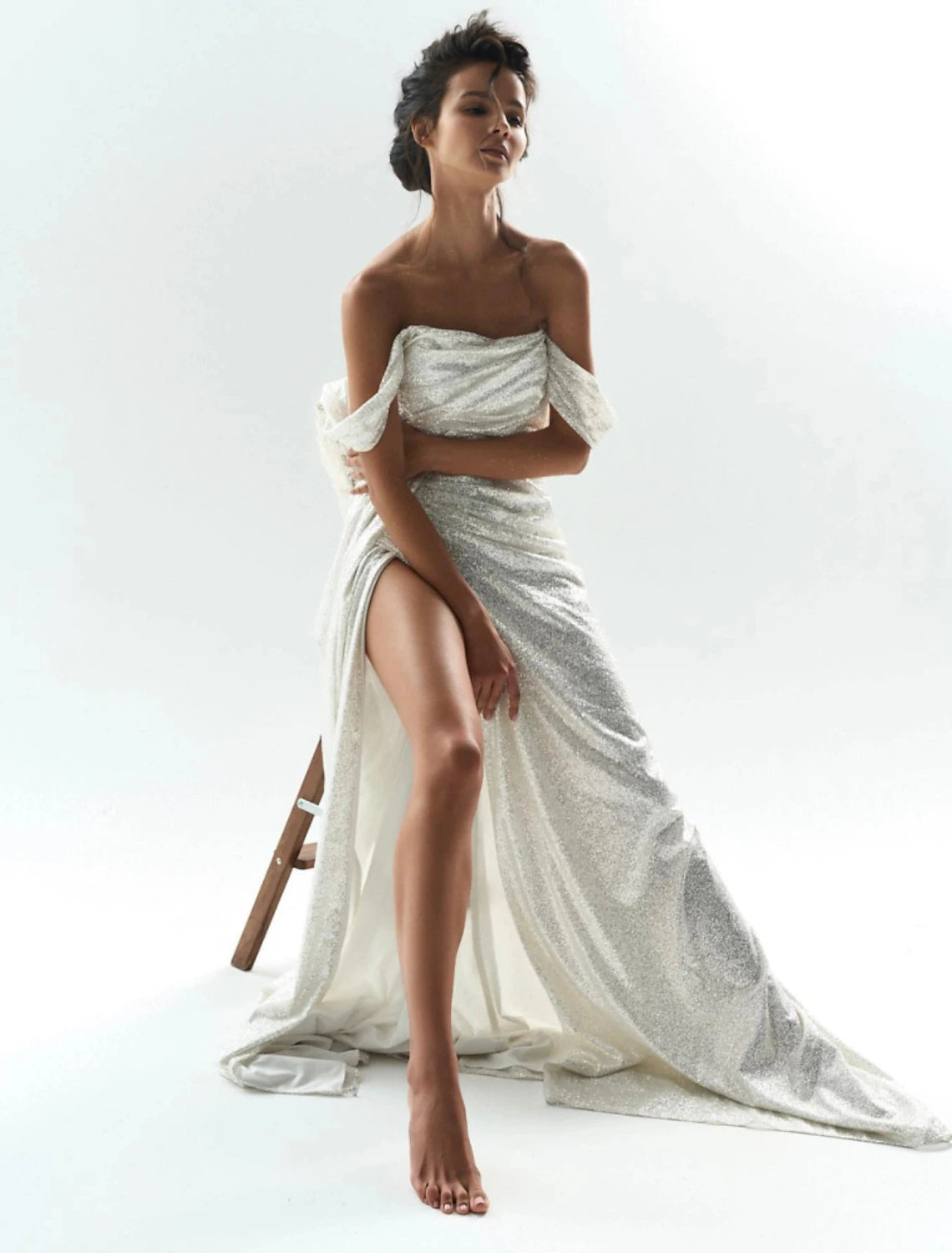 wholesale  Mermaid Evening Dresses Sparkle Wedding Dress For Reception Prom Dress Sweep / Brush Train Short Sleeve Off Shoulder Sequins with Slit