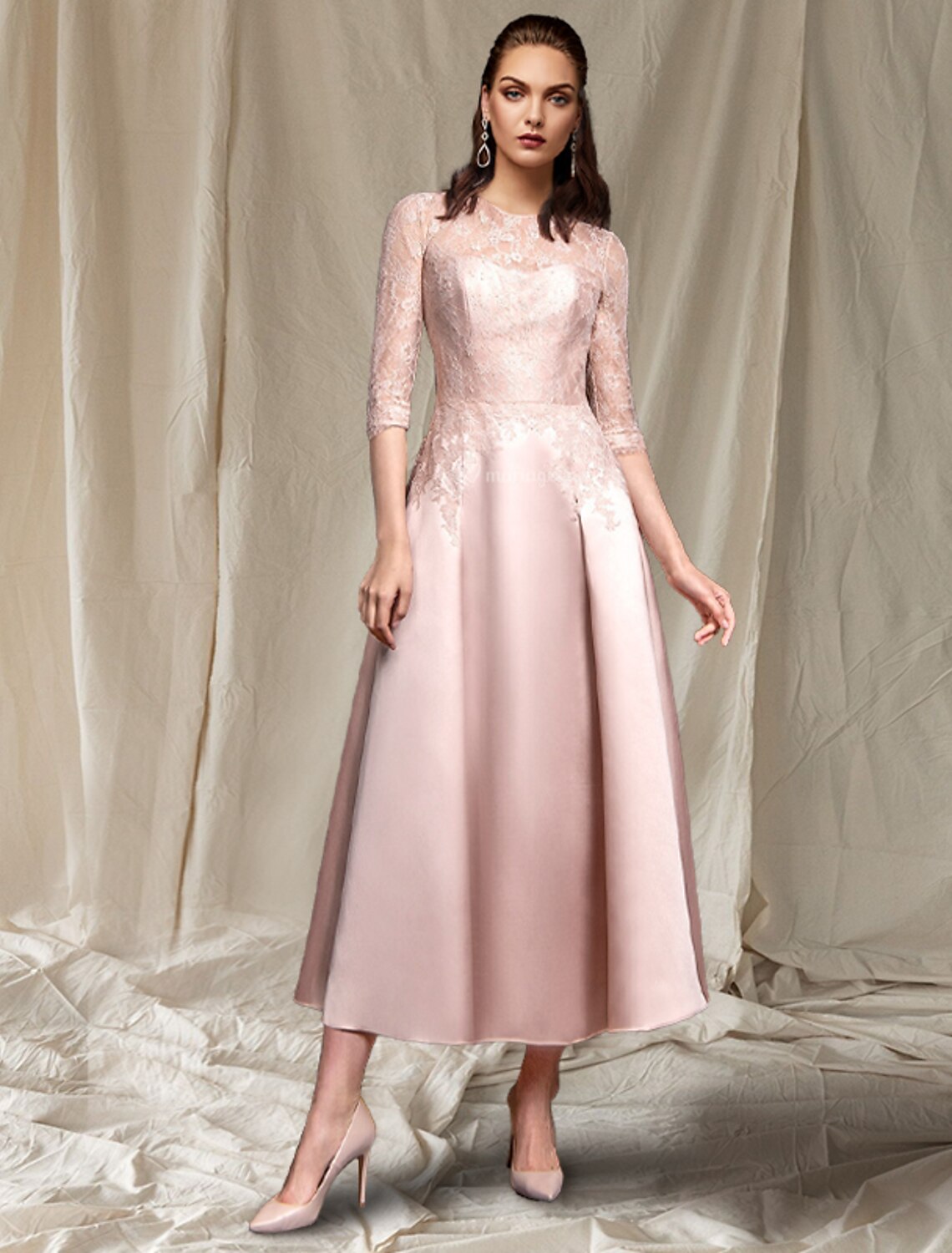 wholesale   A-Line Mother of the Bride Dress Elegant Jewel Neck Tea Length Satin Lace Half Sleeve with Pleats