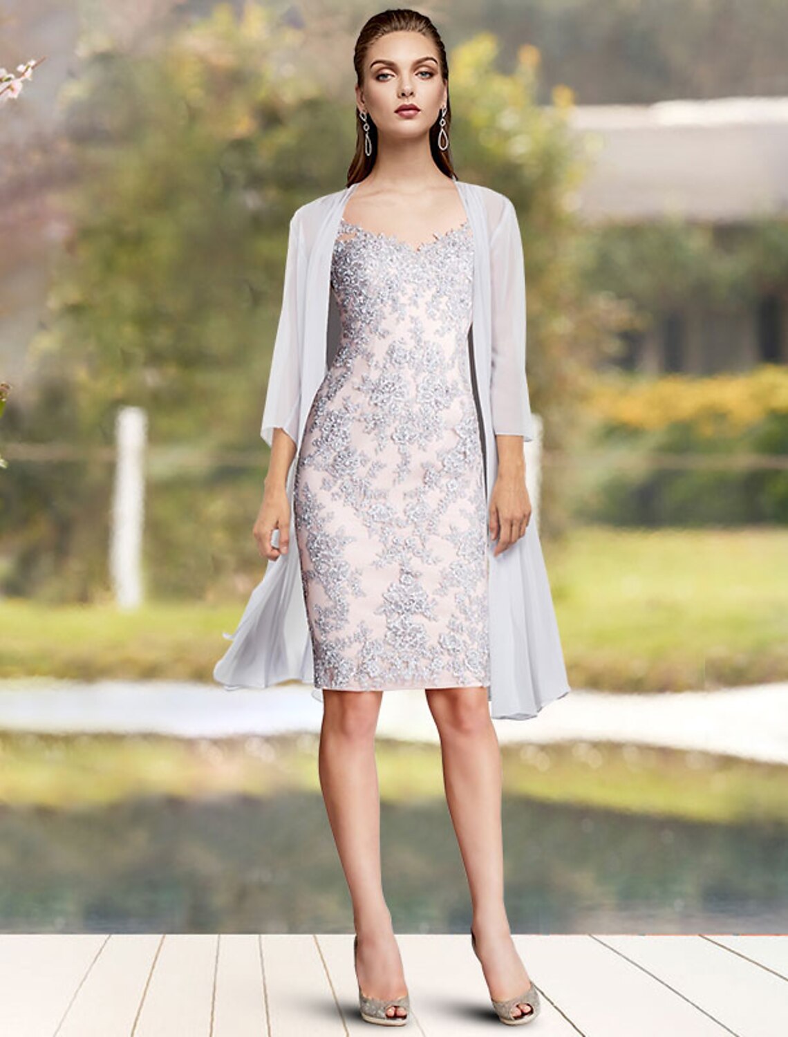 wholesale  Two Piece Sheath / Column Mother of the Bride Dress Elegant V Neck Knee Length Chiffon Lace 3/4 Length Sleeve Jacket Dresses with Appliques