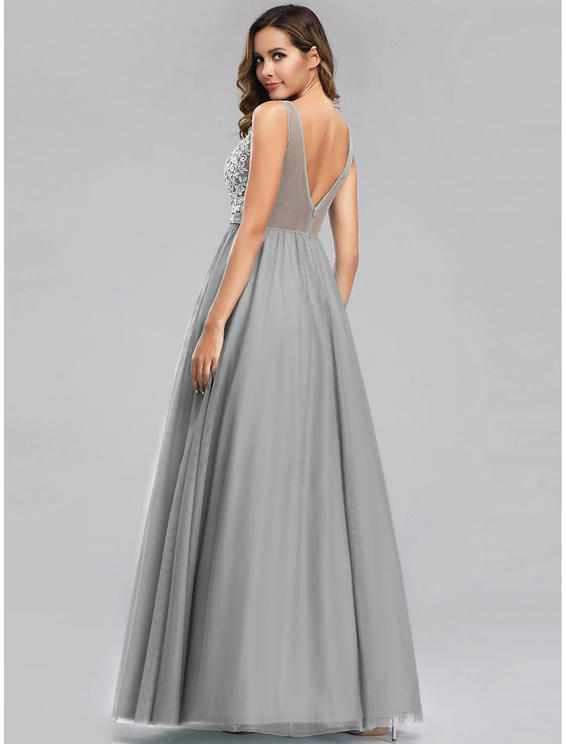 Wholesa A-Line Empire Holiday Prom Dress V Neck V Back Sleeveless Floor Length Chiffon with Appliques