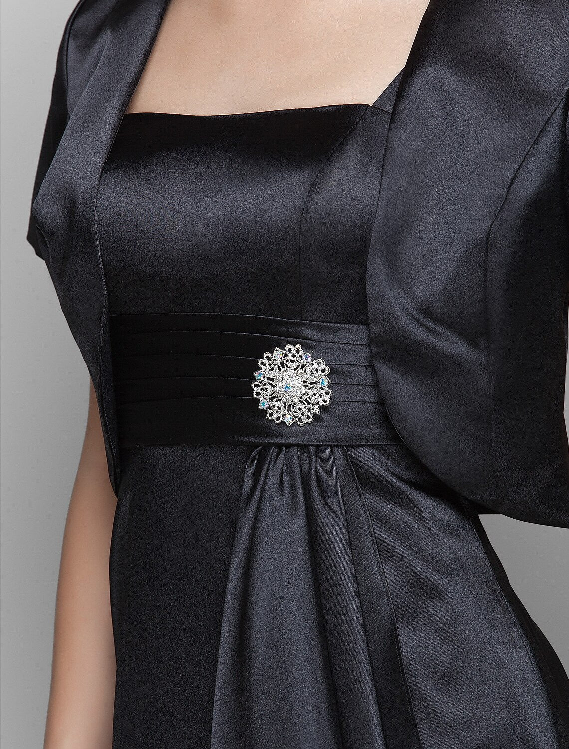 wholesale  Sheath / Column Mother of the Bride Dress Wrap Included Spaghetti Strap Floor Length Stretch Satin Short Sleeve with Ruched Tassel Crystal Brooch