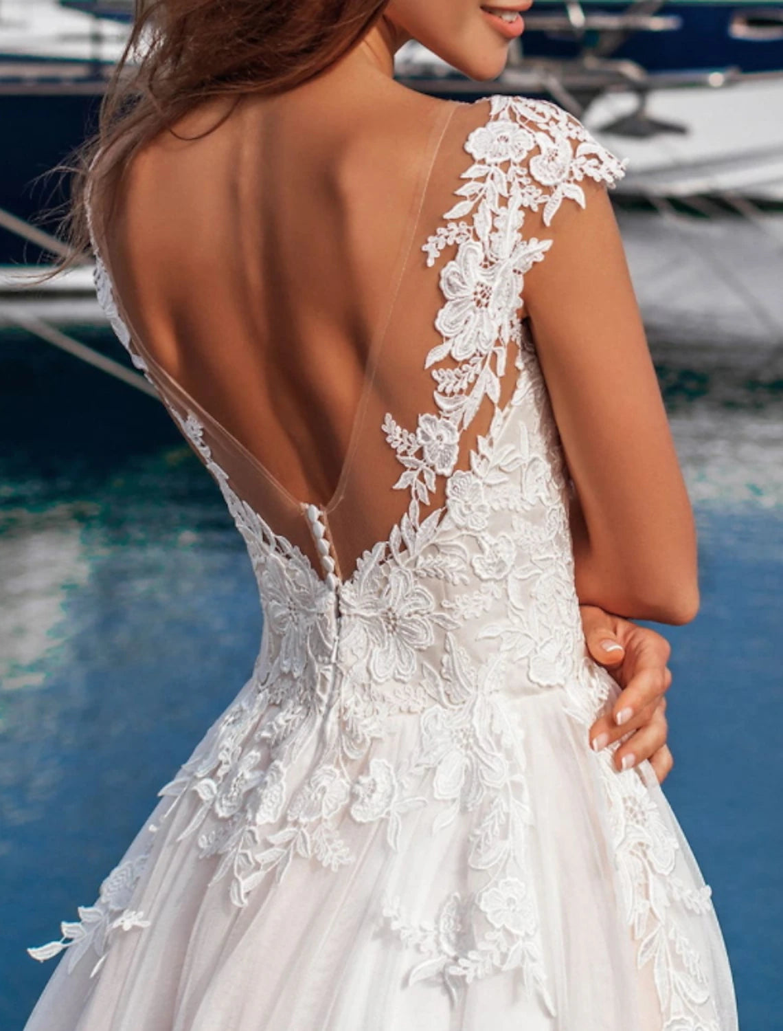 Wholesa Beach Formal Wedding Dresses A-Line V Neck Cap Sleeve Floor Length Lace Bridal Gowns With Appliques