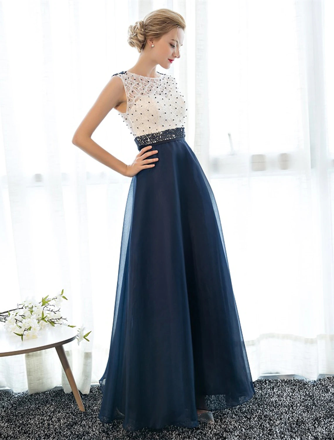 Wholesa A-Line Beautiful Back Elegant Beaded & Sequin Prom Formal Evening Dress Illusion Neck Sleeveless Floor Length Tulle Over Lace with Beading