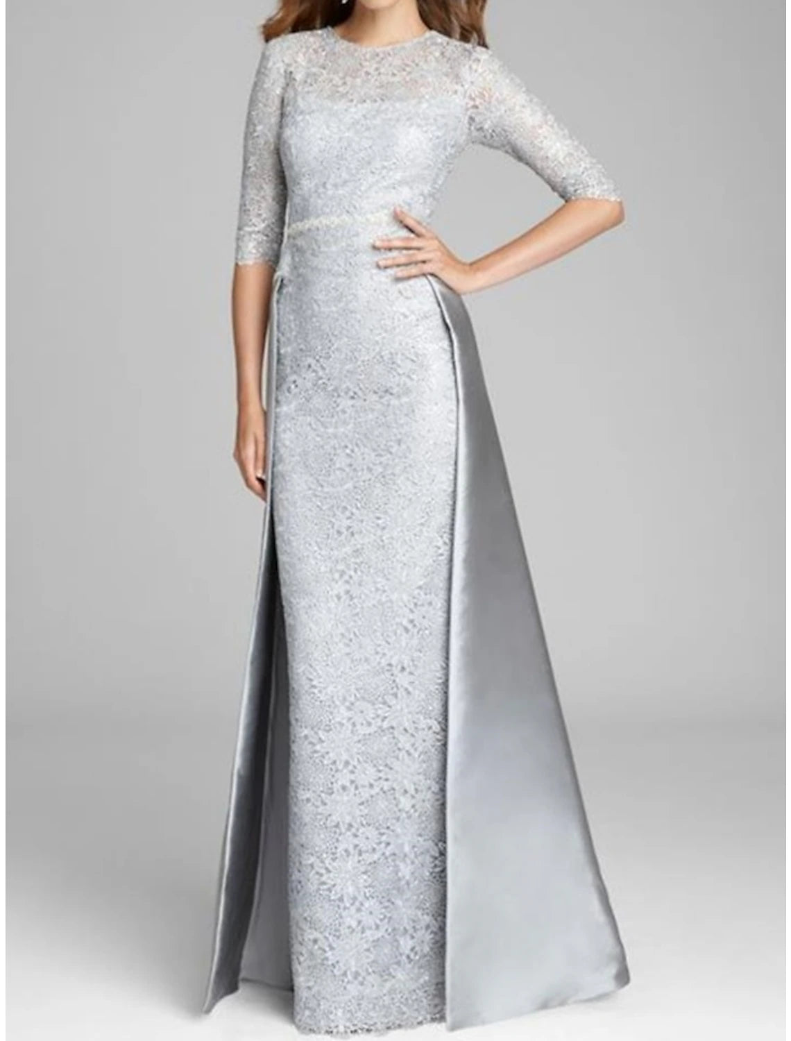 Wholesa Sheath / Column Mother of the Bride Dress Wedding Guest Elegant Jewel Neck Floor Length Satin Lace Half Sleeve with Ruching Solid Color