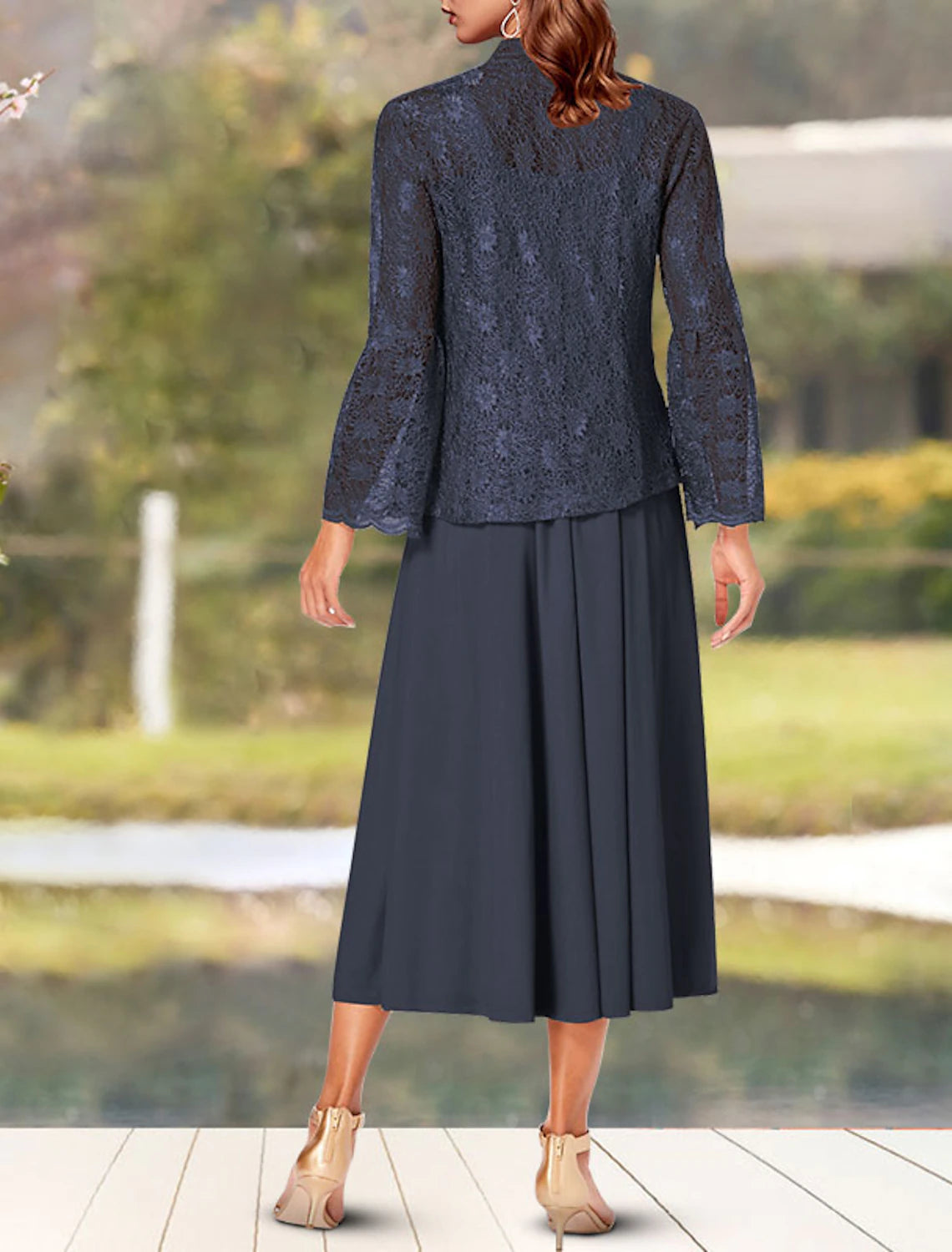 wholesale  Two Piece A-Line Mother of the Bride Dress Church Elegant Square Neck Spaghetti Strap Tea Length Chiffon Lace Sleeveless Short Jacket Dresses with Solid Color