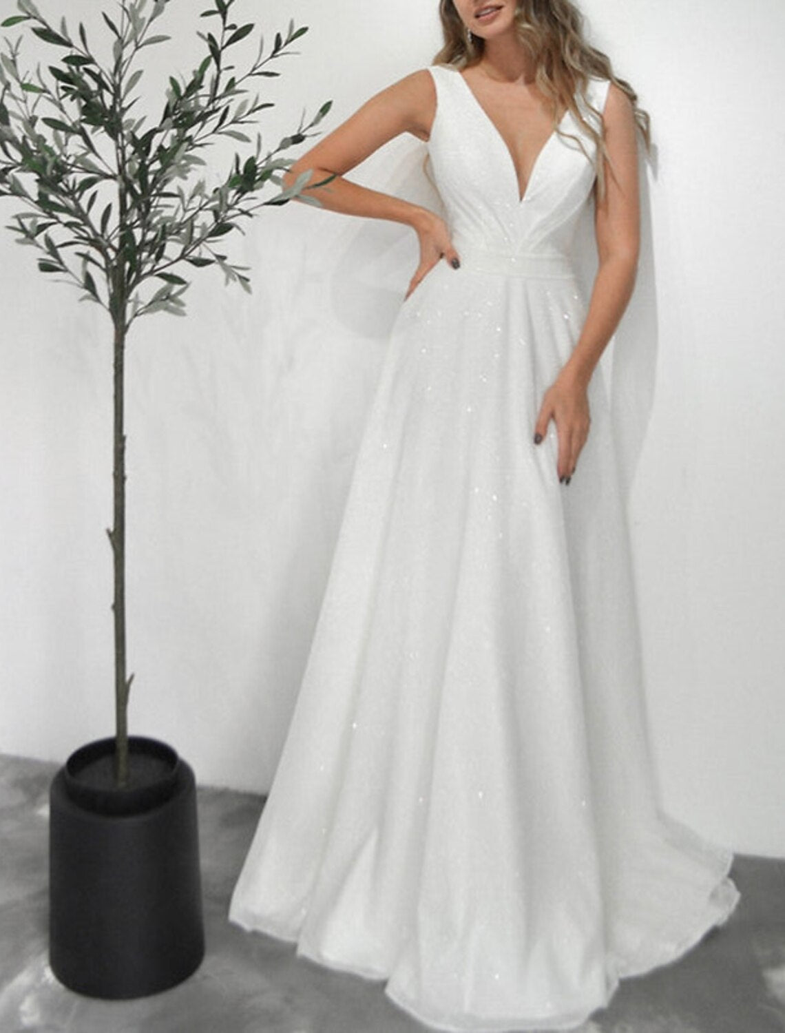 Wholesa  A-Line Prom Dresses Glittering Dress Wedding Party Birthday Sweep / Brush Train Sleeveless V Neck Fall Wedding Reception Tulle with Sequin