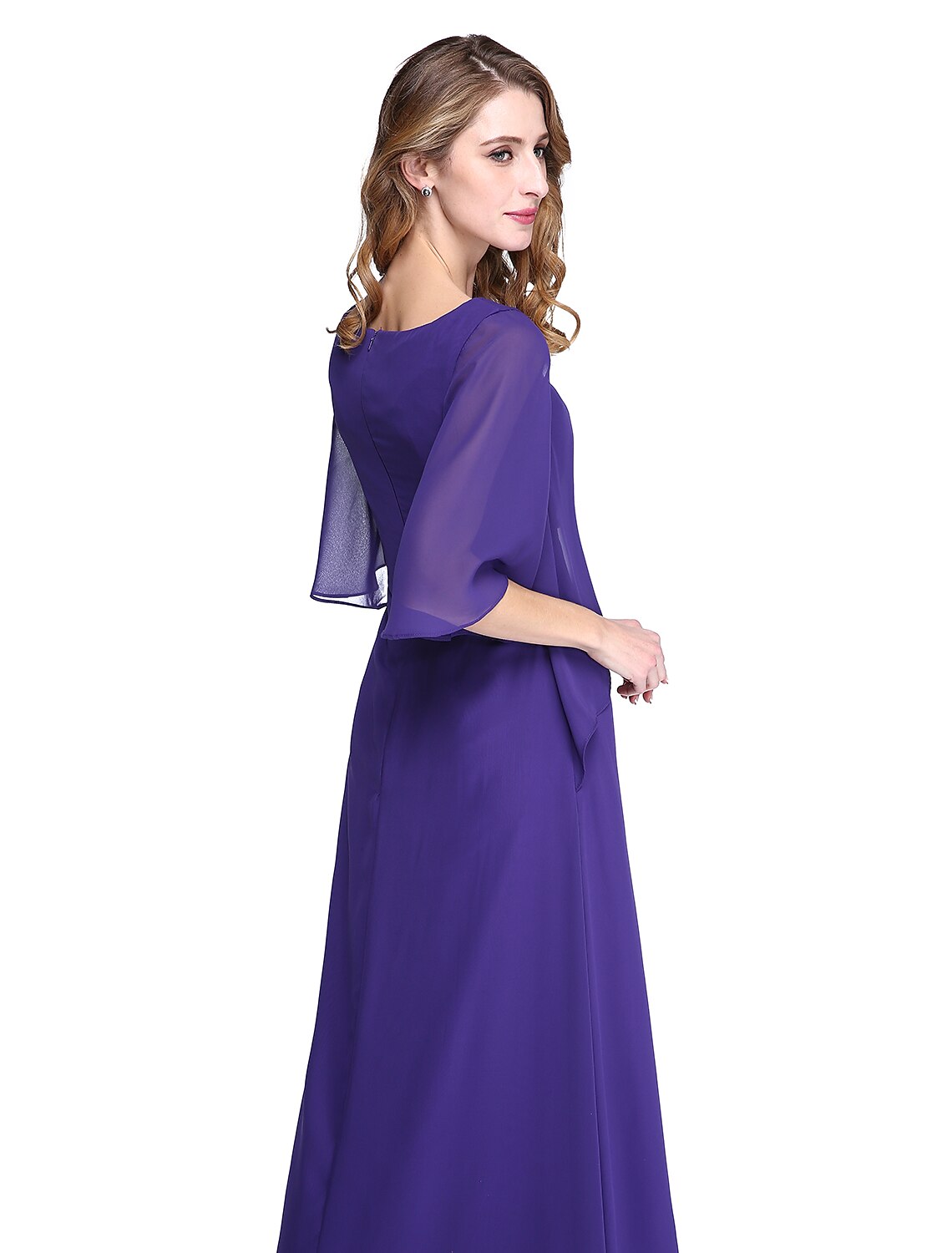 wholesale  Sheath / Column Mother of the Bride Dress Elegant Open Back Jewel Neck Floor Length Chiffon Half Sleeve with Pleats Beading Ruffle