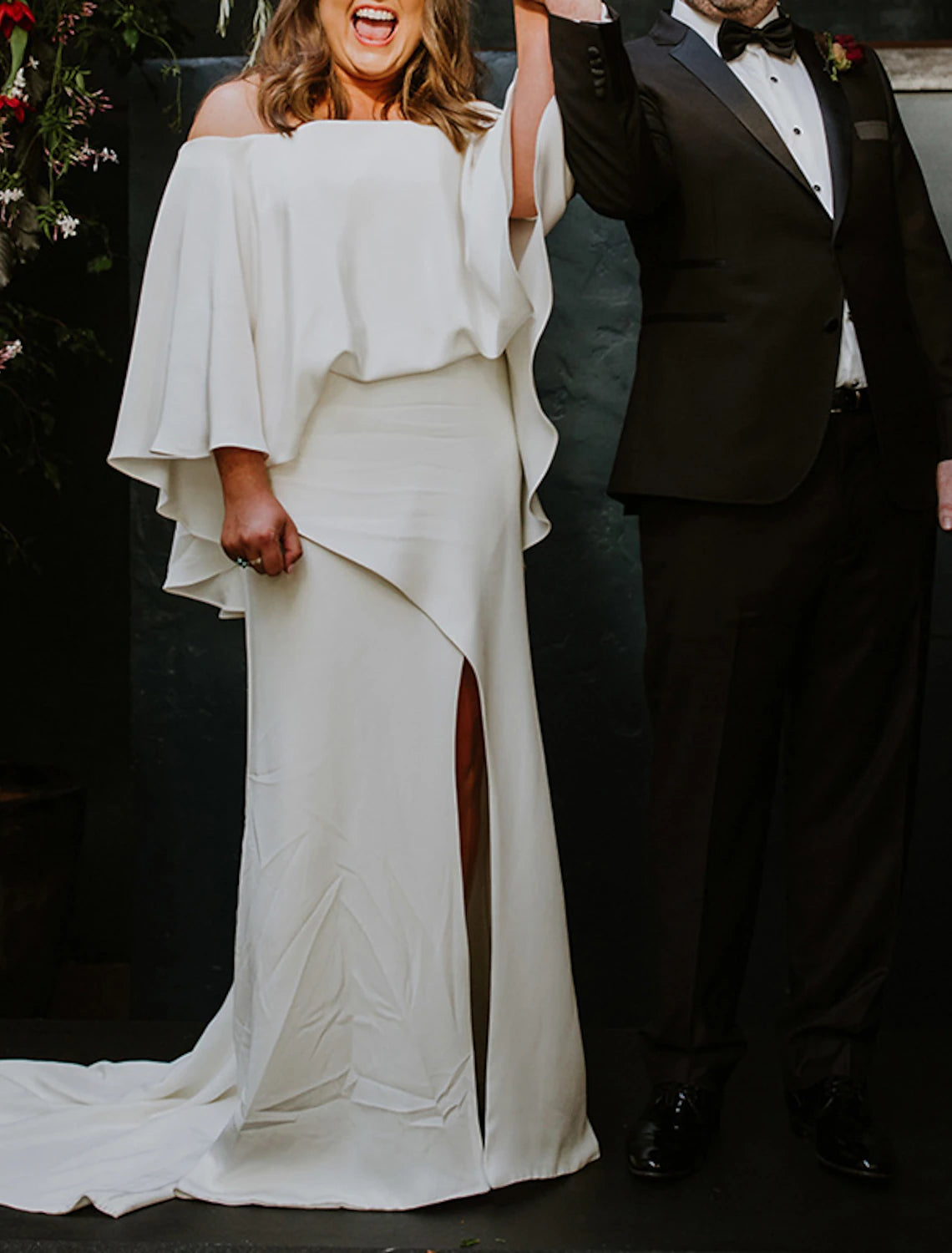 wholesale  A-Line Plus Size Curve Wedding Dresses Minimalist Dress Party Wear Sweep / Brush Train Half Sleeve Off Shoulder Stretch Fabric with Ruffles