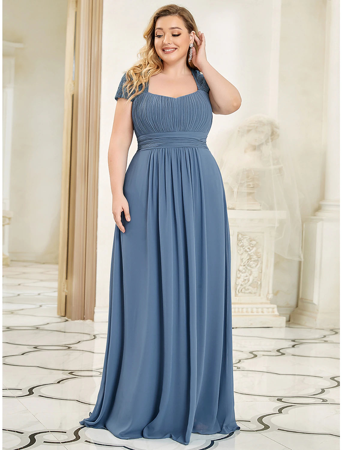 wholesa A-Line Evening Gown Plus Size Dress Wedding Guest Prom Floor Length Short Sleeve Sweetheart Chiffon with Ruched