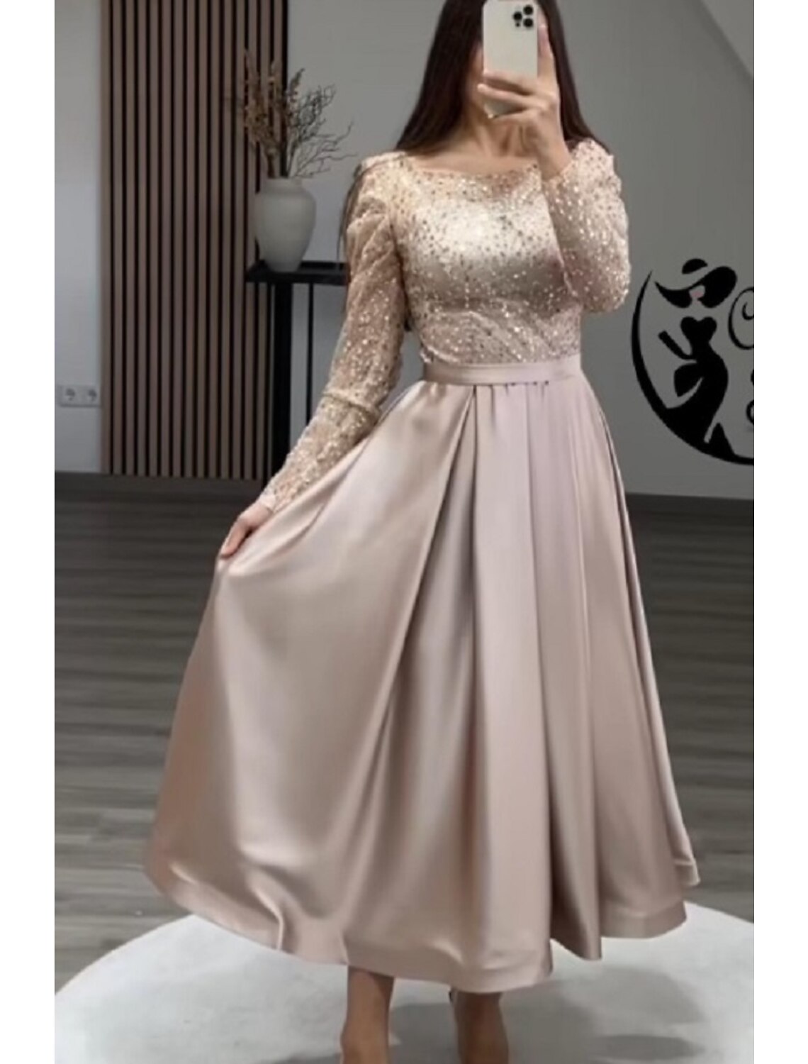 Wholesa  A-Line Evening Gown Sparkle Dress Formal Wedding Ankle Length Long Sleeve Jewel Neck Fall Wedding Guest Satin with Pearls Sequin